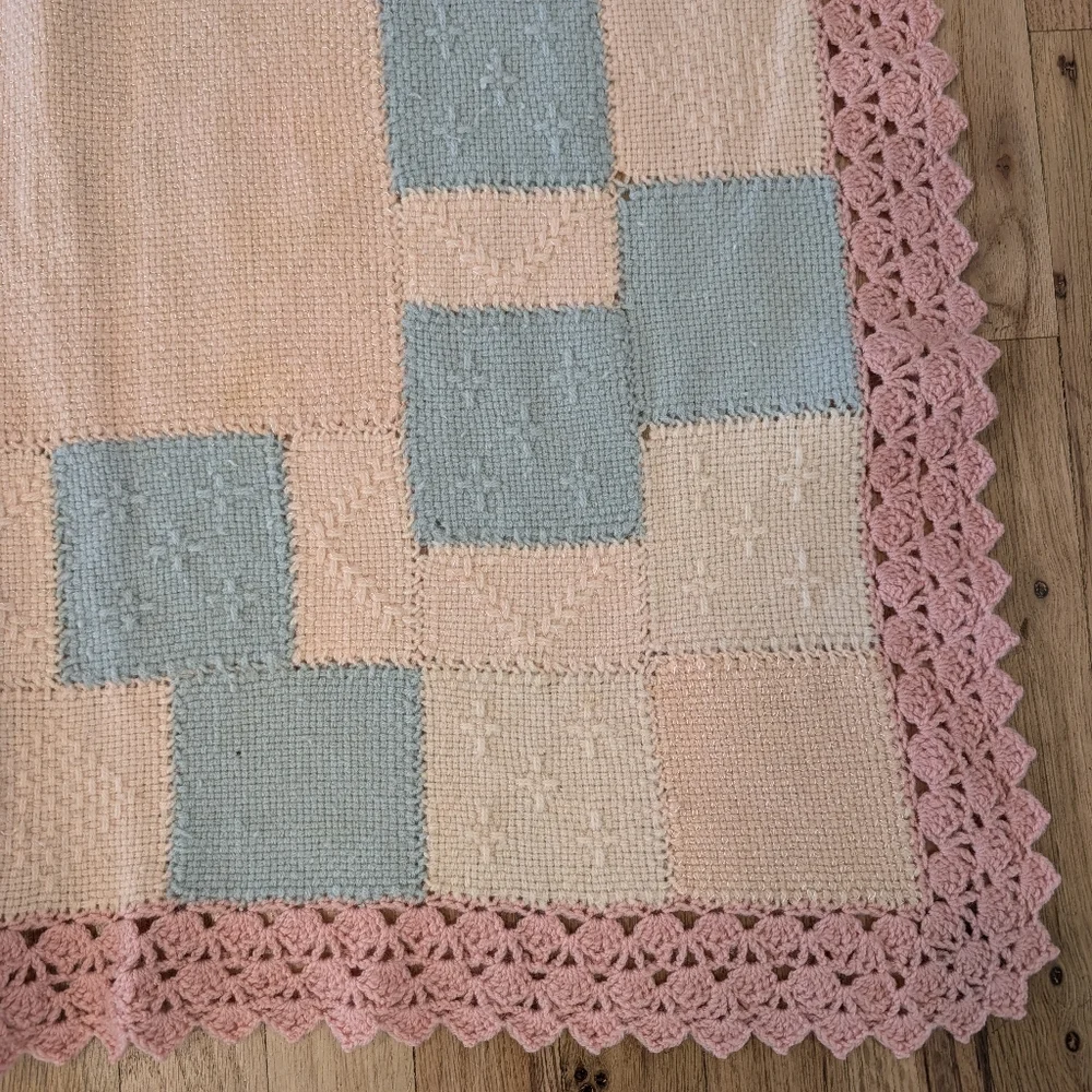Vtg Handmade Baby Blanket Knit Crochet Square Pink Peach Blue Nursery Lace